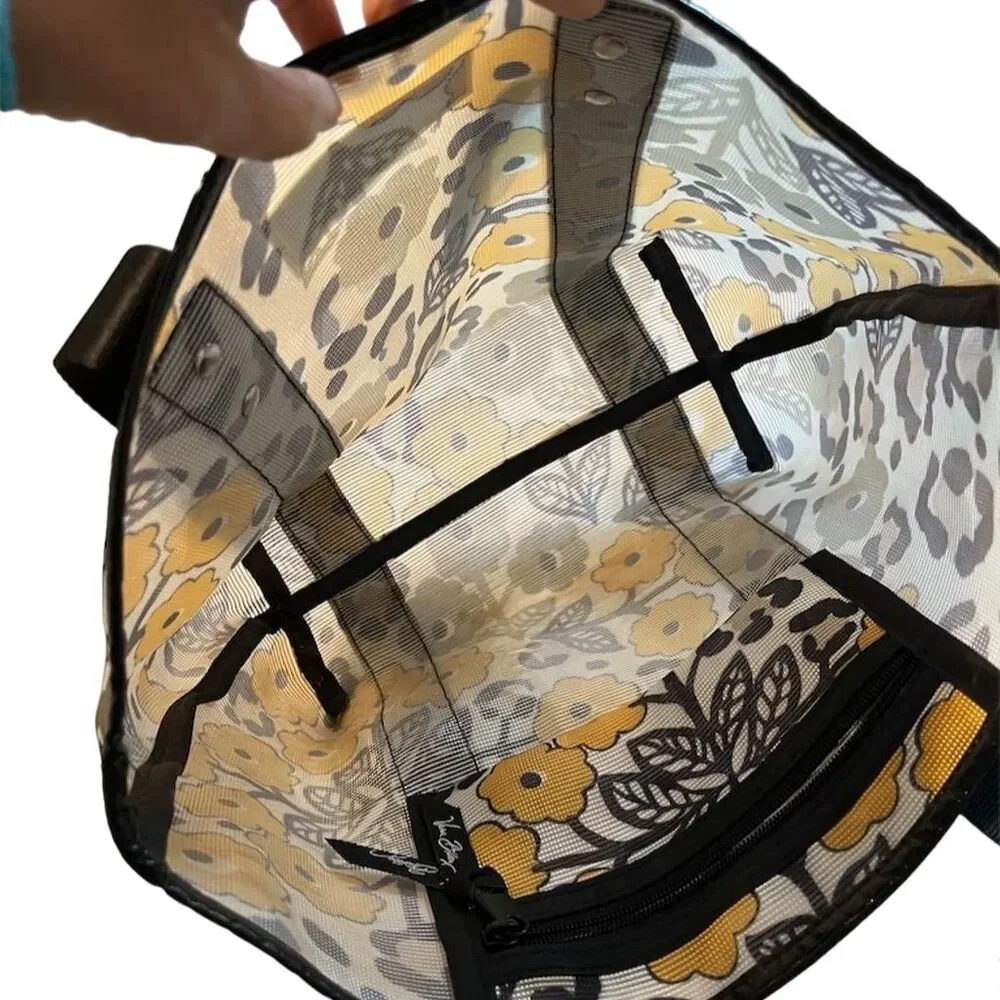 Vera Bradley Go Wild Mesh Tote Bag Floral Zip Pocket Black White Yellow